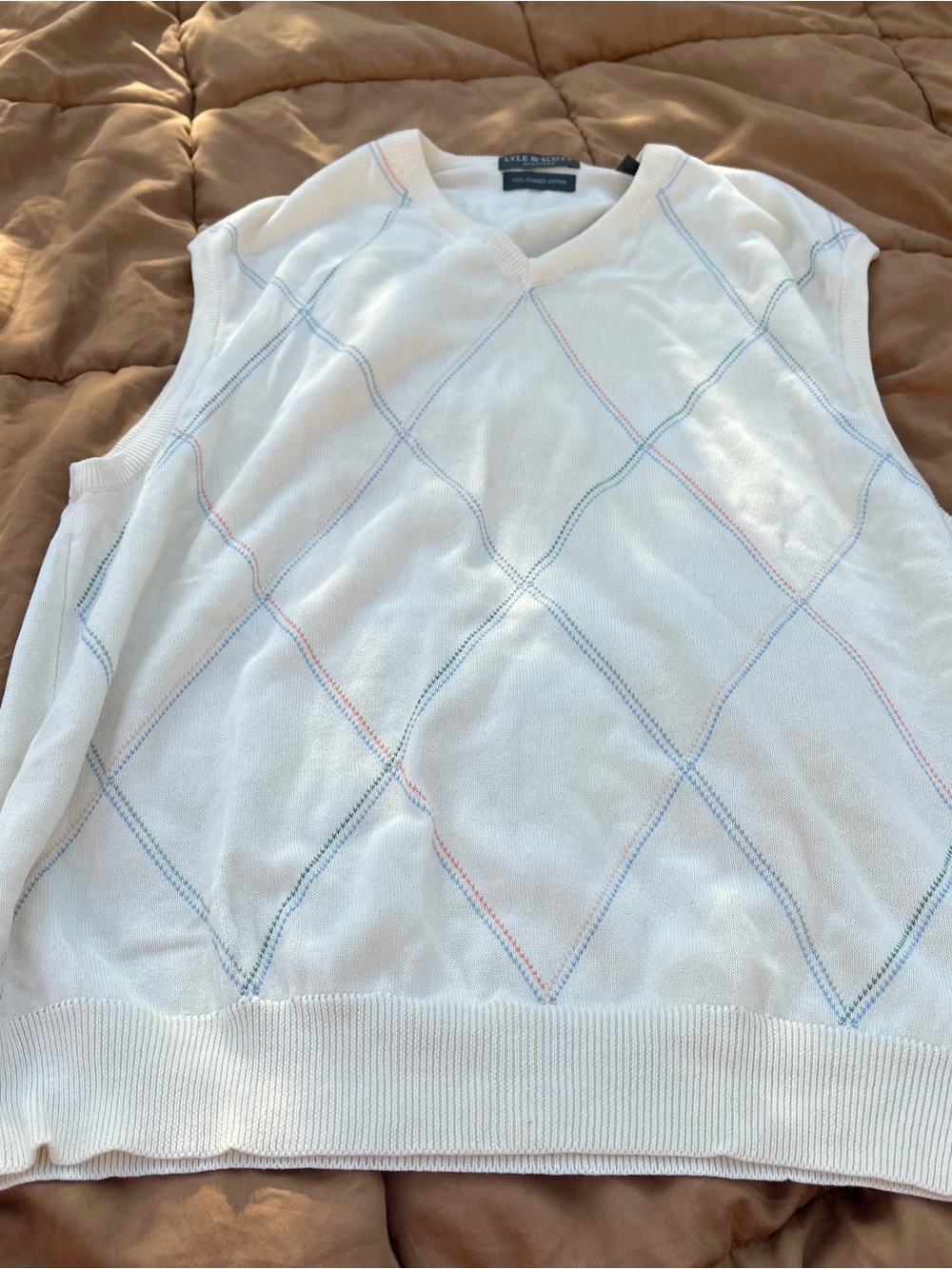 Lyle & Scott Scotland White V-Neck Argyle Knit Sweater Vest Combed Cotton